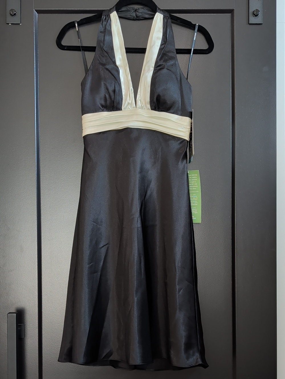 Black Satin Halter Dress with Ivory Trim